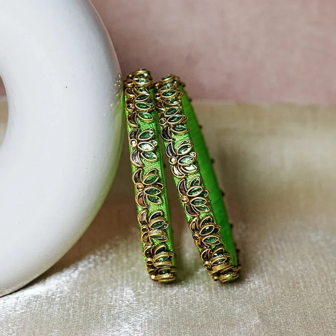 Handcrafted Silk Thread Kada Bangles with Lotus Motif for Women & Girls (Pack of 2) - The Golden Cascade